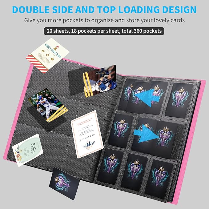 Card Binder, 360 Pockets Upgraded Trading Card Binders, Cards Collection Binder 9 Pocket, Side Loading Yugioh Binder Book Holder for MTG, TCG, Sport, Football, Baseball Collector Cards - Rose red