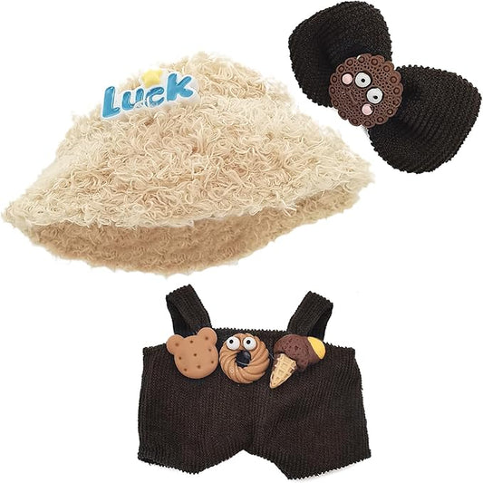 Doll Clothes for 17cm Dolls, Cute Outfit Set with Accessories, Bucket Hat and Overalls (No Doll) (Brown Overalls Set)