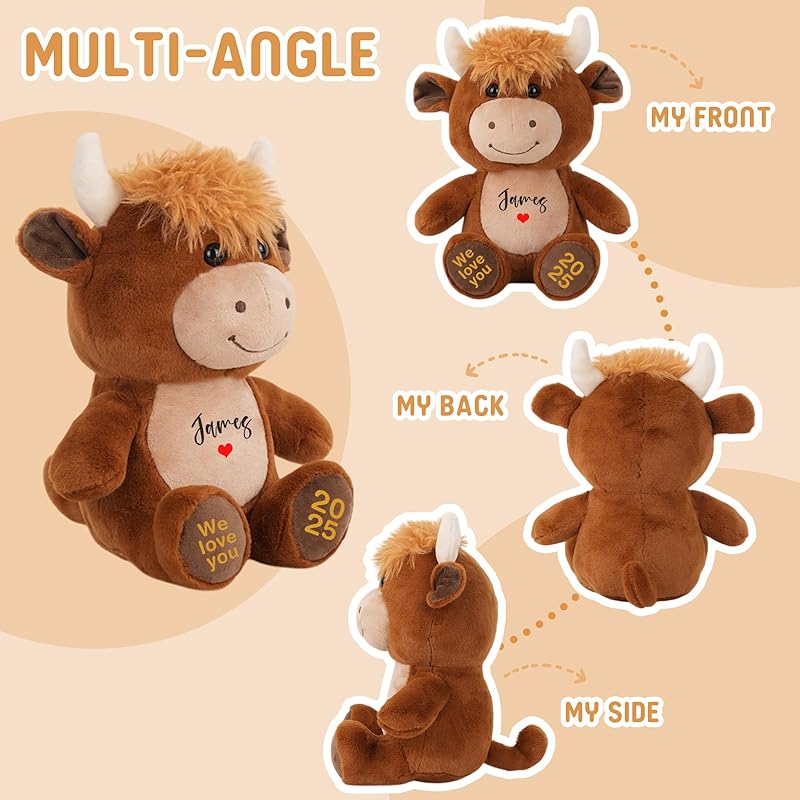 Personalized Highland Cow Stuffed Animal, Farm Cattle Plushie with Custom Name Date Message, Cute Scottish Highland Cows Gift for Baby Kids Adults Women (Brown Cow, 11 Inch)