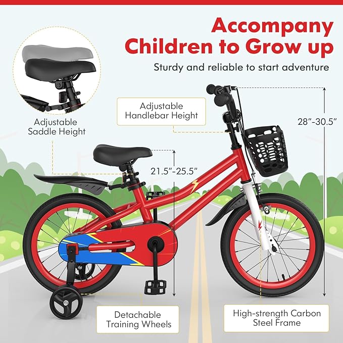 COSTWAY Kids Bike, 12 14 16 18 Inch Toddler Bike for Boys & Girls Aged 3-8 Years Old, Kids Bicycle w/Removable Training Wheels, Handbrake & Coaster Brake, Basket, Bell