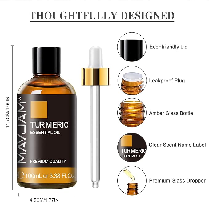 Turmeric Essential Oil, MAYJAM Essential Oils for Diffusers, 3.38FL.OZ/100ML Large Volume Turmeric Oil with Premium Glass Dropper