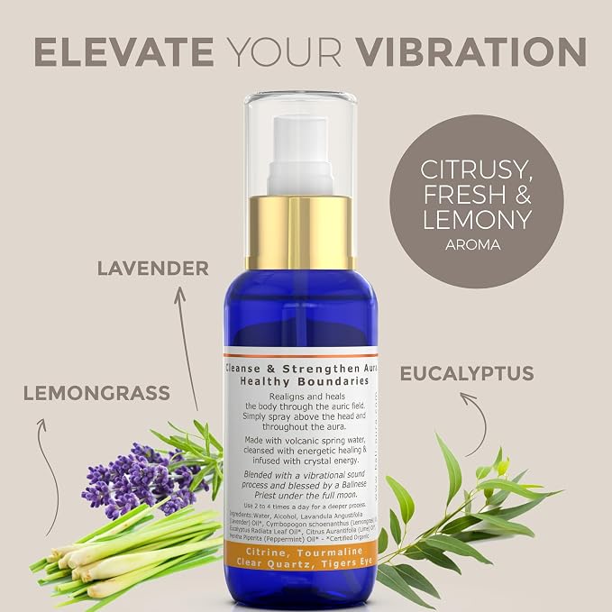 BALIPURA - Protection Crystal Aura Spray - Lavender and Lemongrass Essential Oil Blend, Black Tourmaline, Smoky Quartz and Citrine - 3.4 fl.oz
