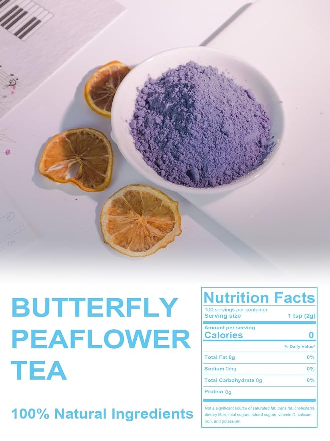 TeeLux Butterfly Pea Flower Powder, Natural Butterfly Pea Flower Tea for Blue & Purple Drinks and Food Coloring, Caffeine-Free, 7oz/200g