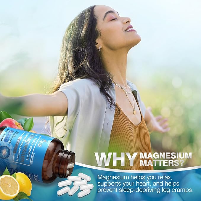 ASSR Triple Magnesium Complex - 300mg Pure Ocean Magnesium Glycinate & Magnesium Malate & Magnesium Citrate for Sleep, Energy, and Relaxation Support, High Absorption, Vegan, Non-GMO, 120 Capsules