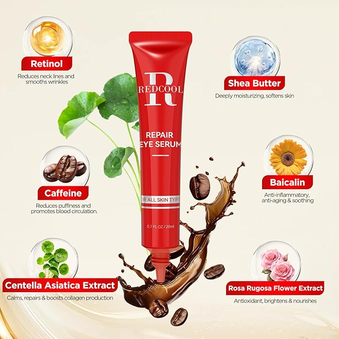 Caffeine & Retinol Under Eye Serum – Dermatologist-Tested, Fast Absorbing, Correction for Puffy Eye Bags Fine Lines Dark Circles Wrinkles While Providing Moisturizing Care