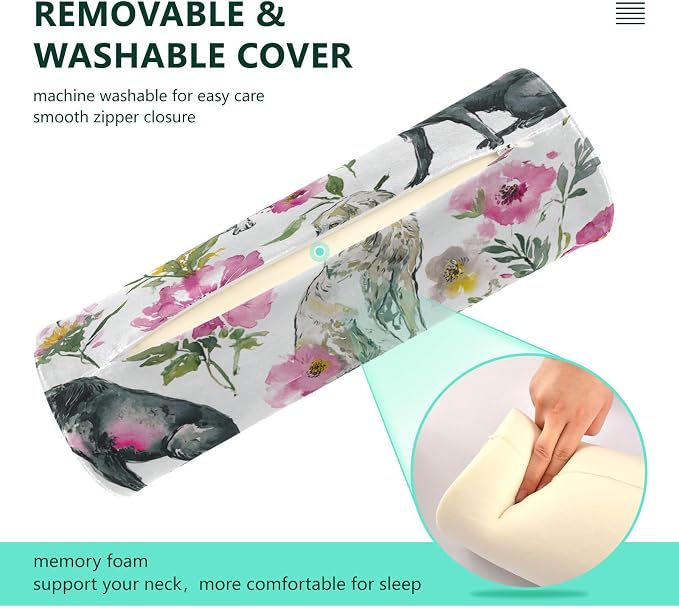 Watercolor Dogs Flowers White Neck Roll Pillow Bolster Round Health Memory Foam Long Cervical Cylinder Pillows with Removable Washable Cover for Body Bed Legs Back Yoga