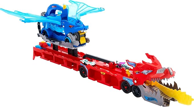 Hot Wheels City Toy Car Track Set, Ultimate Dual Dragon Transporter & 2 Die-Cast Cars, Large-Scale Dragon & Detachable Dragon, Stores 20+ Vehicles