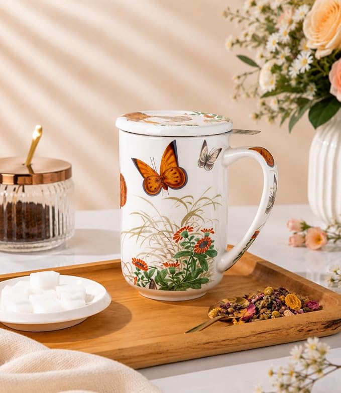 AmorArc Porcelain Tea Mug with Infuser and Lids, 18 Oz Coffee Cup Strainer with Bag Holder for Loose Leaf Tea, Steeping Coffee Mug for House-warming Wedding Birthday Gift