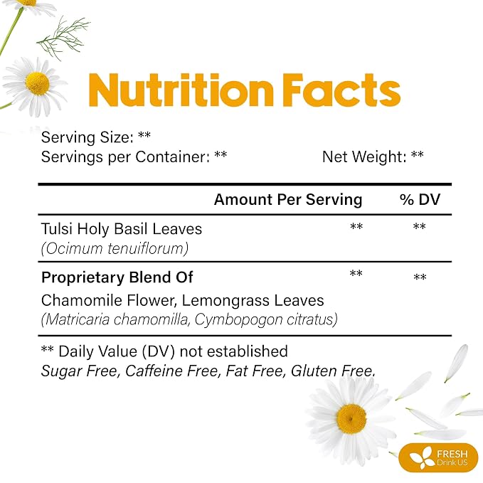 FreshDrinkUS, Premium 135 Tea Bags Tulsi Chamomile Lemongrass Herbal Tea | Blend with Holy Basil, Chamomile Flowers & Lemongrass Leaves – Naturally Caffeine-Free, Soothing Herbal Infusion. Vegan