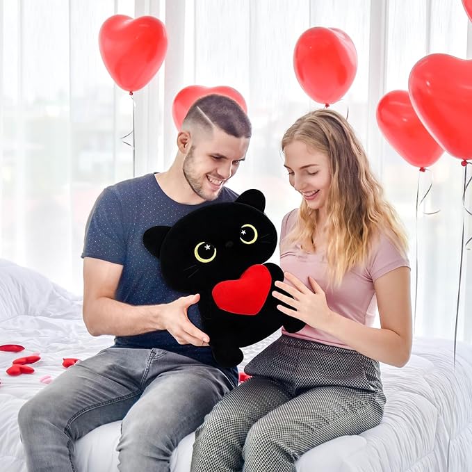 Achwishap Black Cat Plush,Cute Cat Stuffed Animal-14” Kawaii Black Cat Plush Toys Birthday Gifts for Girls Boys Adults,Cute Plushies Soft Kitten Plushie Cuddle Pillow for Kids,Red Love Heart Plush