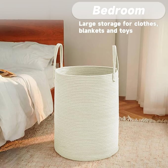 JMvicyroam 100L Cotton Rope Laundry Basket Hamper, White | Collapsible laundry basket, reinforced handles, freestanding, machine washable, holds 3-5 thick blankets, clothes or toys