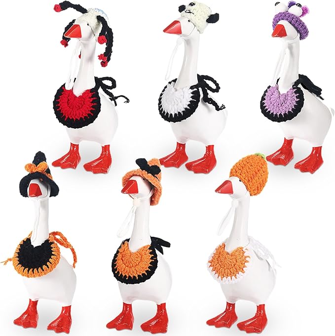 Geyoga 6 Pcs Mini Desk Goose Outfits 7 Inch Mini Knitting Hat and Bandana Knitting Desk Goose Headwear Bibs Accessory for Magnetic Statue Table Decor Gifts (Spooky Style)