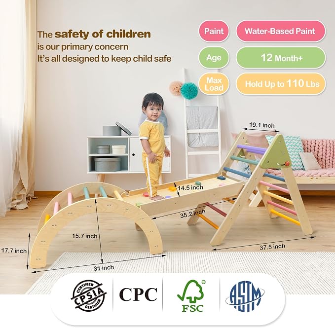 LOL-FUN Pikler Triangle Set with Slide for Toddler 1-3, Montessori Climbing Toys for 1 Year Old, Toddler Climbing Toys Indoor Pickler Climbing Set, Foldable Wooden Climber Jungle Gym for Kids