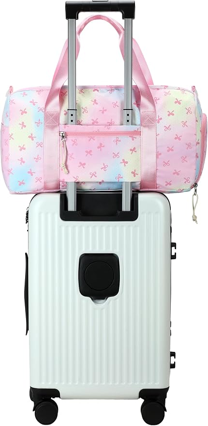 Gym Bag Sports Duffle Bag with Wet Pocket Weekender Overnight Bags with Waterproof Shoe Pouch and Air Hole for Girls Kids Women Workout Travel Bags (Bow Rainbow)
