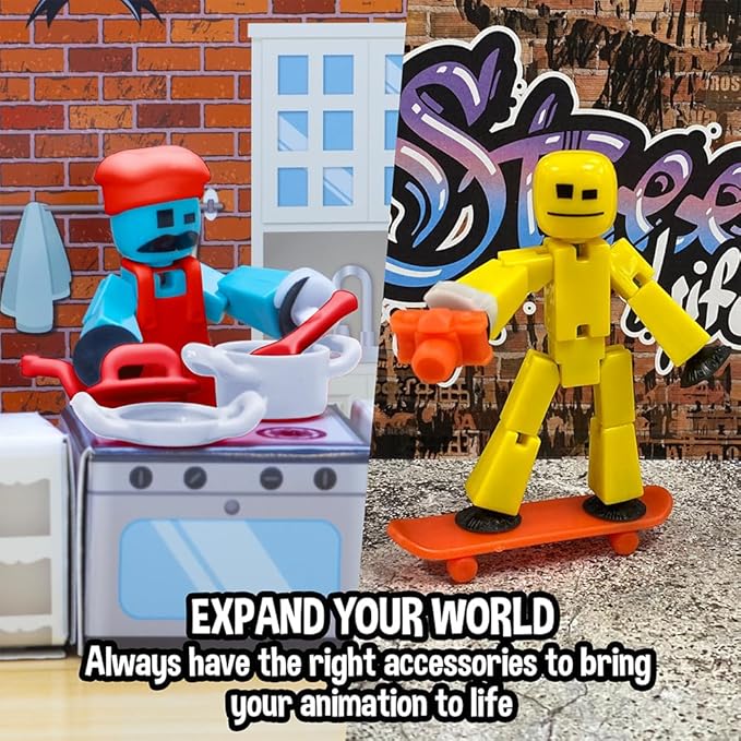 Zing Stikbot Chef and Lifestyle Dual Action Pack - Includes 2 Stikbots and Lots of Cool Accessories in Eco Friendly Packaging (Pack B - Blue & Yellow)