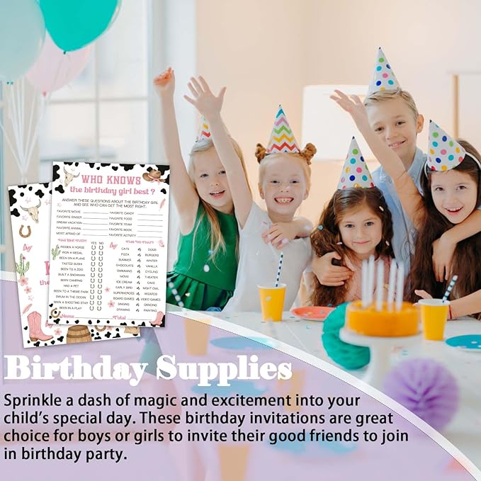 Birthday Games, Who Knows The Birthday Girl Best, 25 Cowgirl Fill-in Game Cards for Girls Sleepover Party Supplies Favors Decorations - A04