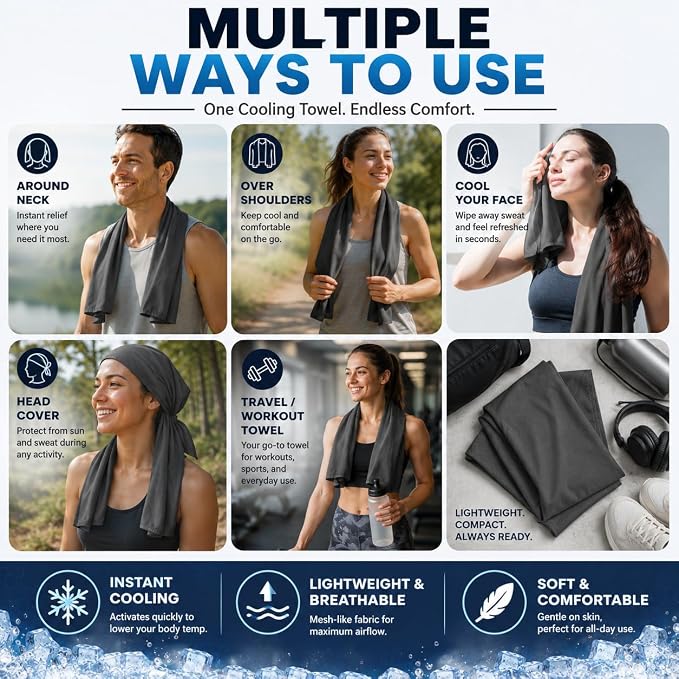Cooling Towel 43.3" x 15.7" - Ice Sweat Towel for Neck & Face - Quick Cool Down Wrap for Summer Heat, Gym, Running, Golf, Yoga & Sports