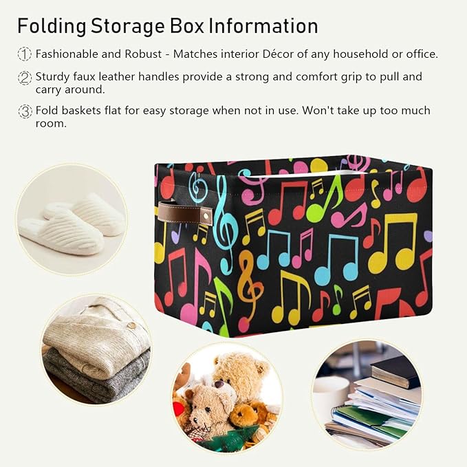 Aslsiy Storage Basket Music Notes Colorful Nursery Bins Black Baby Box Canvas Clothes Shelf Basket Laundry Hamper Gift Basket for Home Closet 1 Pcs