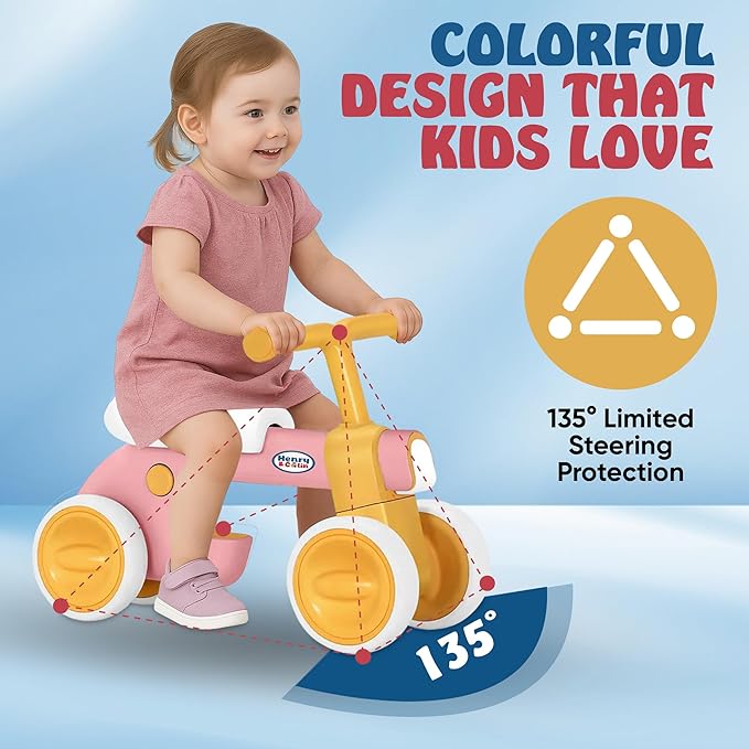 Henry & Colin Toddler Balance Bike for 1 to 3 Year Old Girls, 4 Wheel First Bike, Toddler Walker Riding Toy with Colorful Light and Music, First Birthday Gifts (Classic Pink)