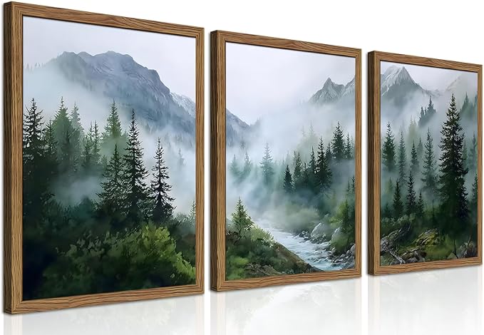 Framed Forest Wall Art Set of 3, Misty Mountain Landscape Canvas Wall Decor Paintings, Nature Tree River Scenery Artwork Prints Pictures for Living Room Bedroom Office 12x16 Inch