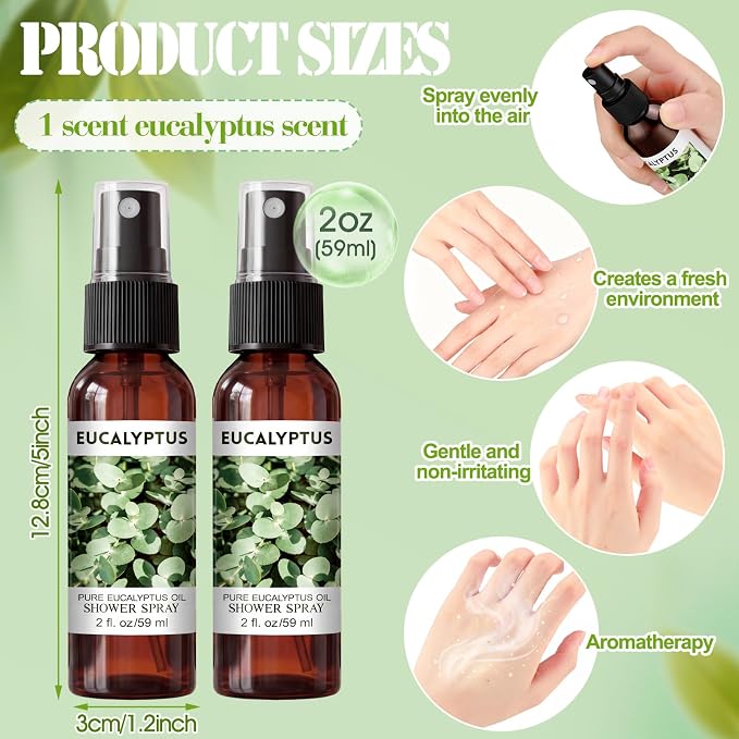 Frienda 6 Pack Eucalyptus Shower Spray with Essential Oils Portable Travel Mist Spray for Spa and Sauna Steam Room Aromatherapy for Women Teacher Staff Employee Thank You Gift 2oz (Eucalyptus)