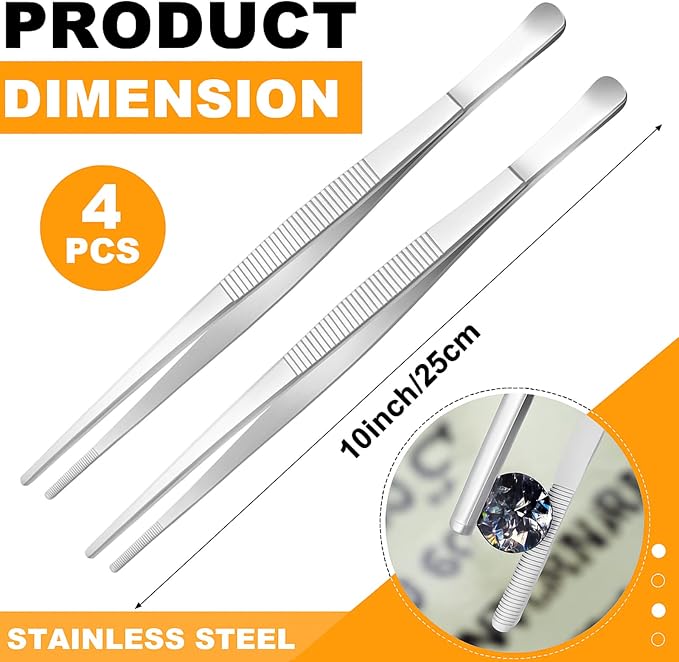 Yaomiao 4 Packs 10 Inch Bar Tweezers Silver Cocktail Tongs Long Garnish Tweezers Stainless Steel Bartender Kitchen Cooking Tongs for Cocktail Food Fruit Korean BBQ Bartender Chef, Multi-use