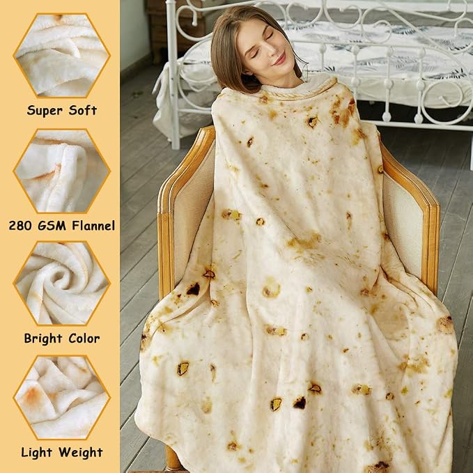 SeaRoomy 60 inches Burrito Tortilla Blanket, Funny Food Throw Blanket | White Elephant Gifts, Gag Gifts For Teen Boys & Girls, Novelty Christmas Birthday Presents, Double Sided, Soft Flannel