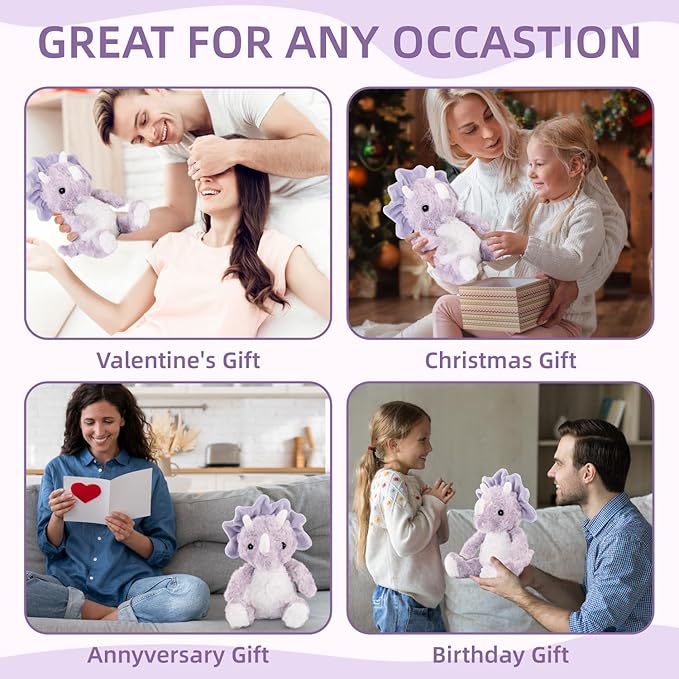 Purple Dinosaur Stuffed Animals for Girls, Cuddly Huggable Dinosaur Plush Toys for Baby and Nursery, Gifts for Mom Sister Daughter, Xmas Birthday Gifts for Toddlers 3+(Light Violet)