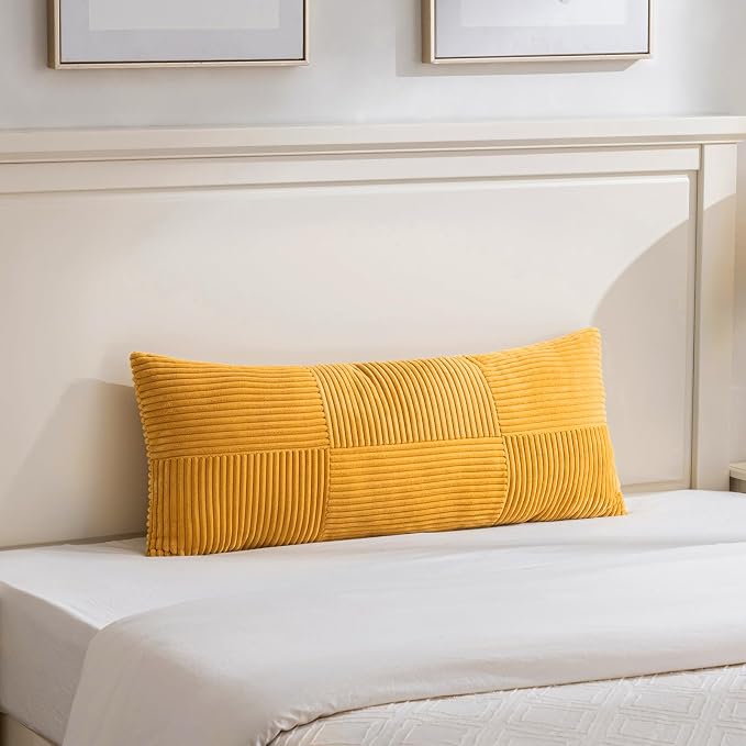 Fancy Homi Set of 2 Gold Yellow Boho Long Lumbar Body Decorative Throw Pillow Cover 14x36 Inch for Bed Couch Bedroom Bench, Soft Patchwork Corduroy Textured Pillow Case, Rustic Farmhouse Room Décor