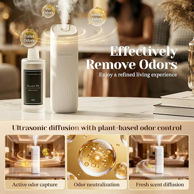 Waterless Essential Oil Diffuser (M60) with 2x120ml Oil, Portable Battery-Operated Cold Air Aroma Scent Machine, 4 Adjustable Intensity Levels, Quiet Diffuser for Bedroom Office Bathroom Car