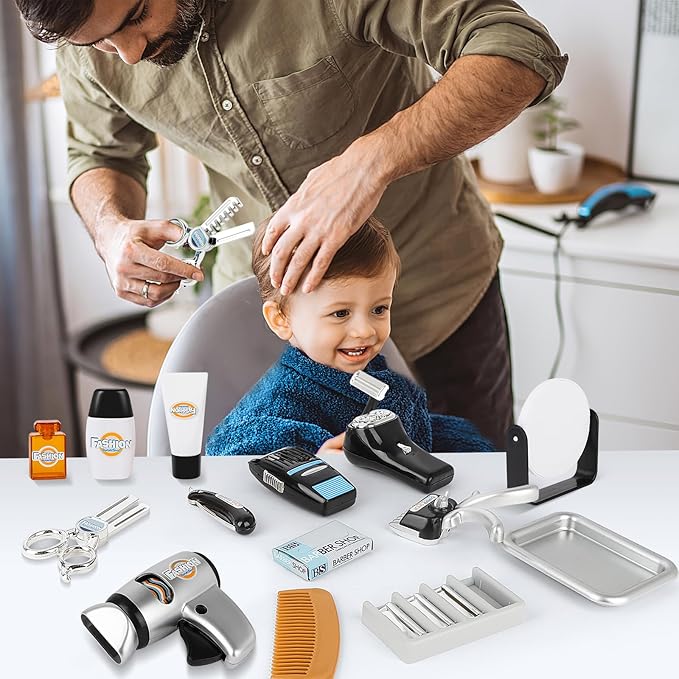 deAO Barber Shop Kids Shaving Kit for Boys Pretend Play Toy Hair Styling, Realistic Salon Role Play with Hairdryer, Shaving Tools, Barber Accessories with Case, Birthday Christmas Gift for Boys Girls