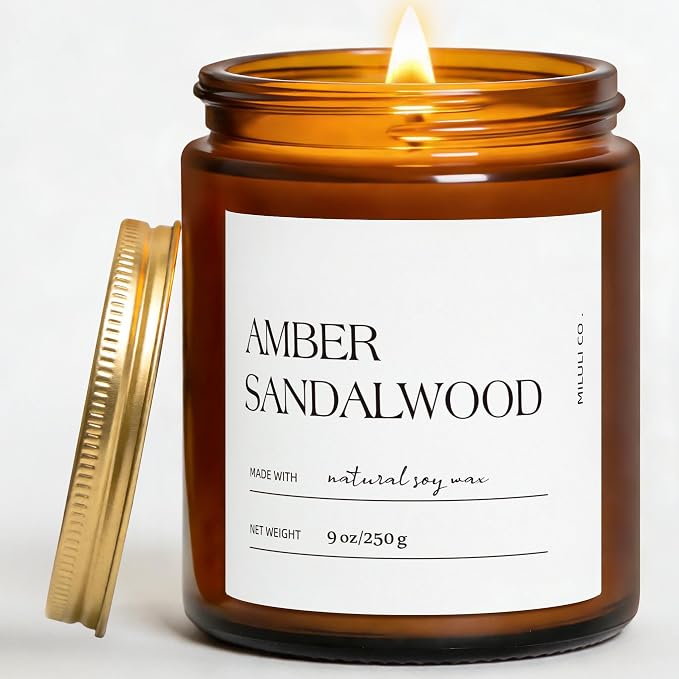 Amber Sandalwood Scented Soy Candle for Home, Natural Aromatherapy Candles with Essential Oils, Nontoxic Clean Burn, Strong Balanced Scent, 50 Hour Longlasting, Amber Jar Candel for Relax(9oz)