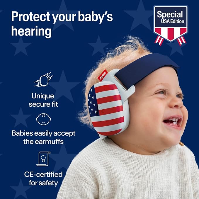 Alpine Muffy Baby Comfort, America250 Special Edition, Protects Hearing for Babies & Toddlers, CE & ANSI Certified, Safe fit & Comfort, Multi-adjustable from 3 months up to 5 yrs, 24dB, Fourth of July