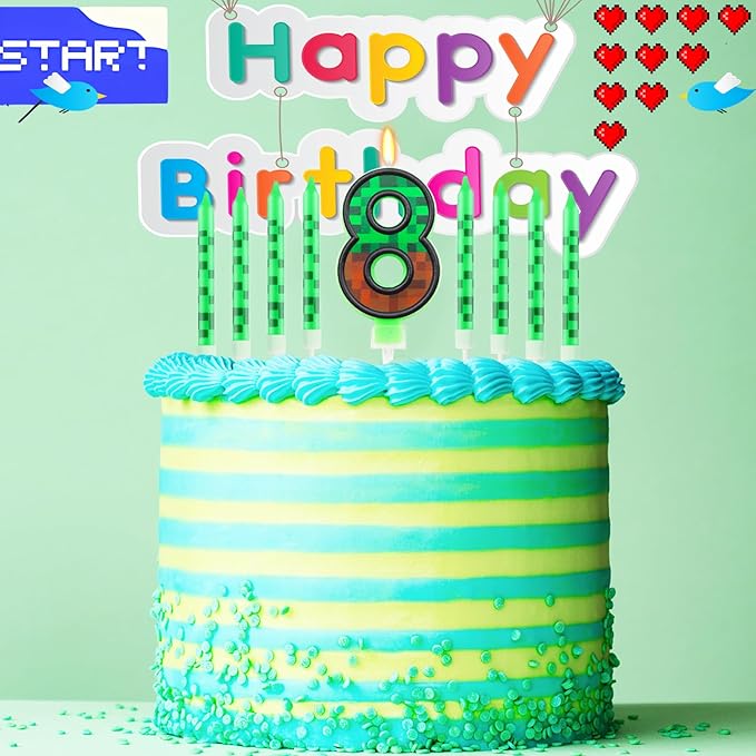 Pixels Themed 8th Birthday Candle, Pixels Cake Topper for Boys Girls, 9 Pcs Candle Set, Game Cartoon Theme Birthday Party Supplies (Number 8)