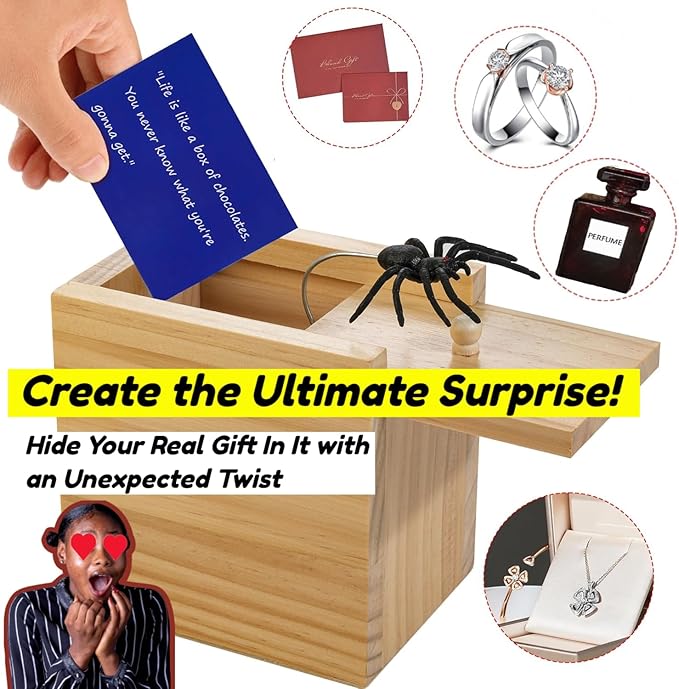 Large Spider Prank Box Gag Gift for Adults and Kids, Funny Wooden Box Spider Prank Toy, Halloween, Christmas, Birthday, or Anniversary Surprise Gift for Card Ring Chain Money, Practical Joke Toy