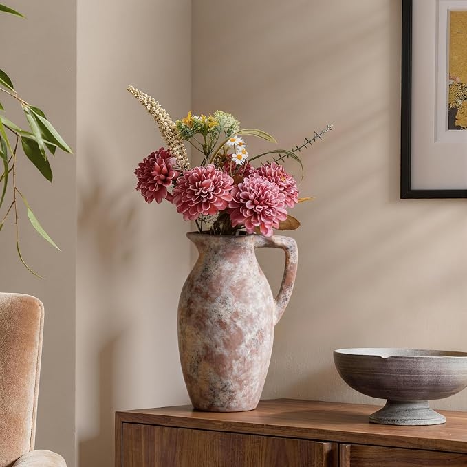 Ceramic Flower Vase with Handle, 9.65 inch Tall Ceramic Vase Home Decor Farmhouse Vases Terracotta Table Vases for Living Room Bathroom Modern Coffee Table Centerpieces Bookshelf Kitchen Fireplace
