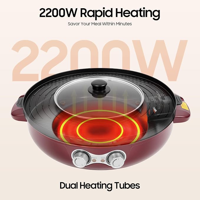Hot Pot with Grill,2000W 2 in 1 Electric Hot Pot Grill Cooker with Dual Temperature Control,Multifunctional Smokeless Shabu Shabu Pot Indoor Grill for 2-5 People (Red)