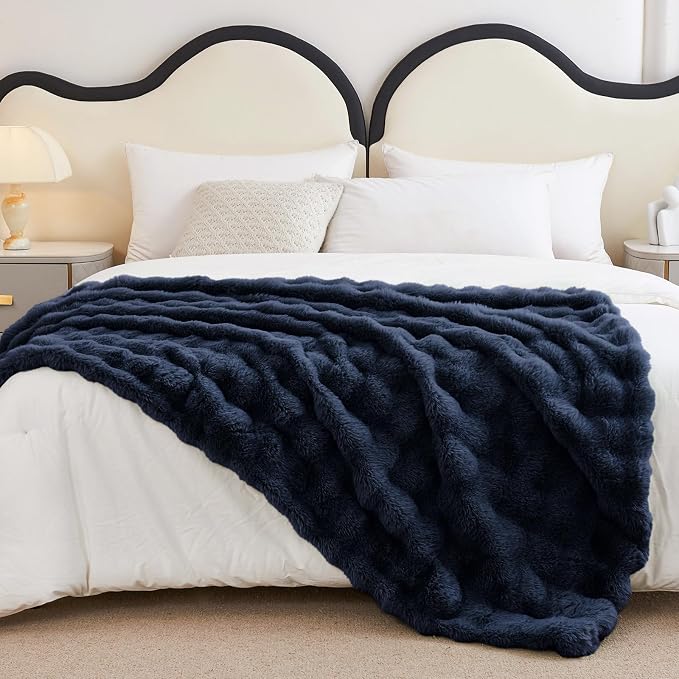 Faux Rabbit Fur Throw Blanket for Couch, Navy Blue Throw Blankets 50"x60" | Cozy Reversible Fluffy Throw, Luxury Plush Thick Bubble Blanket, Mothers Gifts for Women, Soft Warm for Bed, Home Decor
