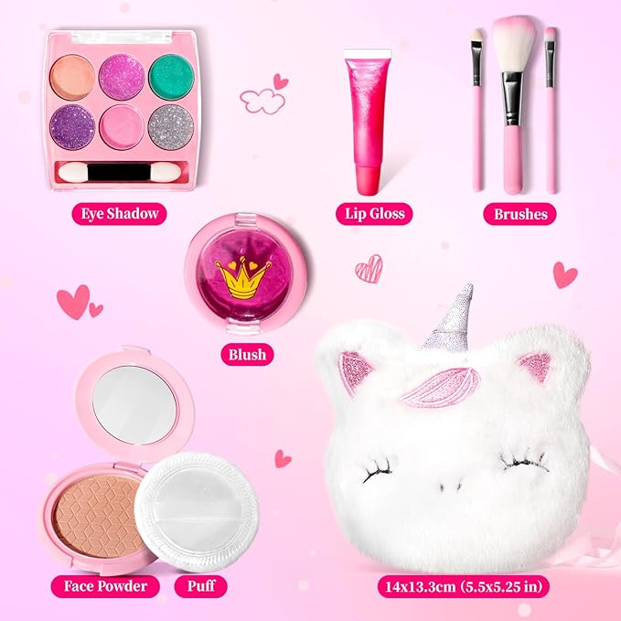 ULOVEME Kids Washable Makeup Kit for Girls 4-6 with Small Coin Purse(5.5x5.25in) - Real, Non Toxic Make Up Toy Gift- Umicorn Gift Set (White Umicorn v2)