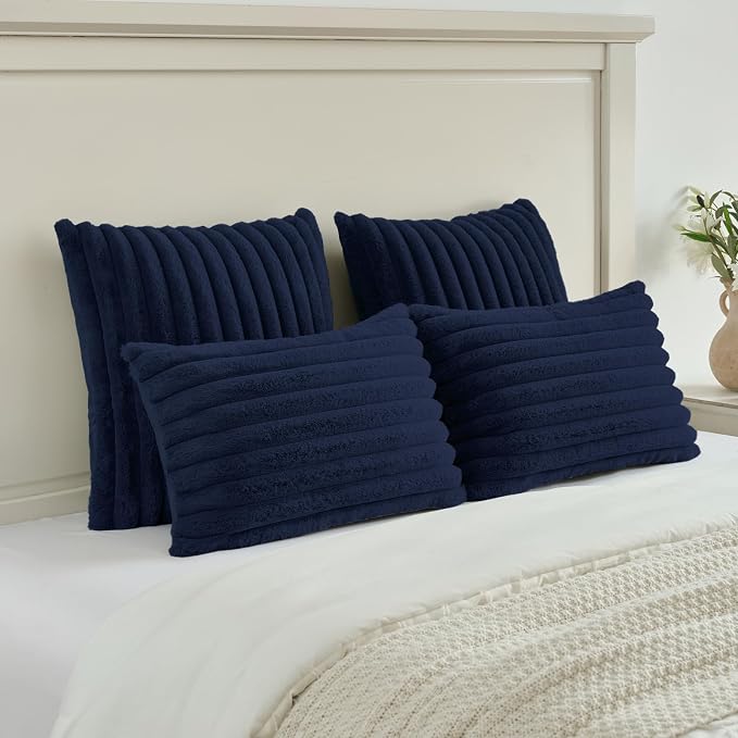 FUTEI Pack of 2 Faux Fur Throw Pillow Covers 26x26 Inch, Dark Navy | Fluffy Faux Rabbit Fur Front/Premium Velvet Back,Hidden Zipper,Machine Washable,Non-Shedding,Colorfast,Insert Not Included.