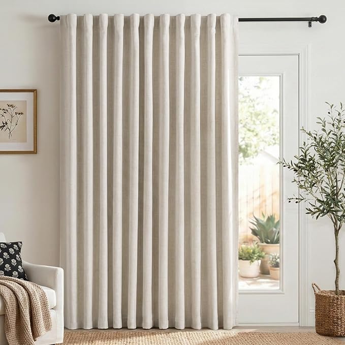 100% Blackout Shield Linen Blackout Sliding Door Curtains for Living Room, Back Tab/Rod Pocket Thermal Insulated Curtains for Sliding Glass Doors, 1 Panel Set, 100" W x 96" L, Cream