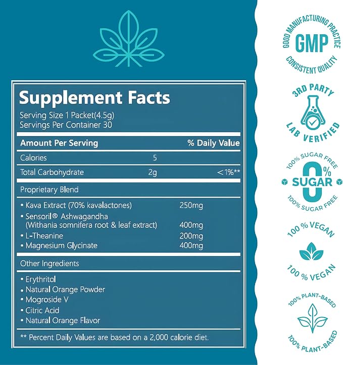 Kava Zen Calming Kava Drink Mix | 250mg Kava Extract (70% Kavalactones), L-Theanine, Sensoril Ashwagandha, Magnesium | Relaxation, Sleep Aid, Cortisol + Stress Support | No Sugar, Non-GMO | 30 Packs