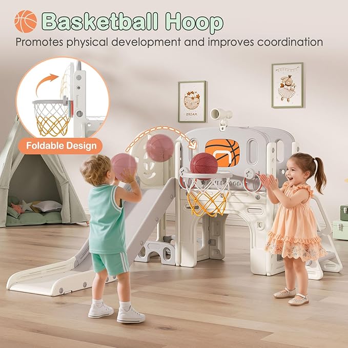 BIERUM 9 in 1 Toddler Slide Set - Baby Slide for Toddlers 1-3 with Ring Toss and Basketball Hoop, Indoor Outdoor Toddler Playset Playground Beige Gray