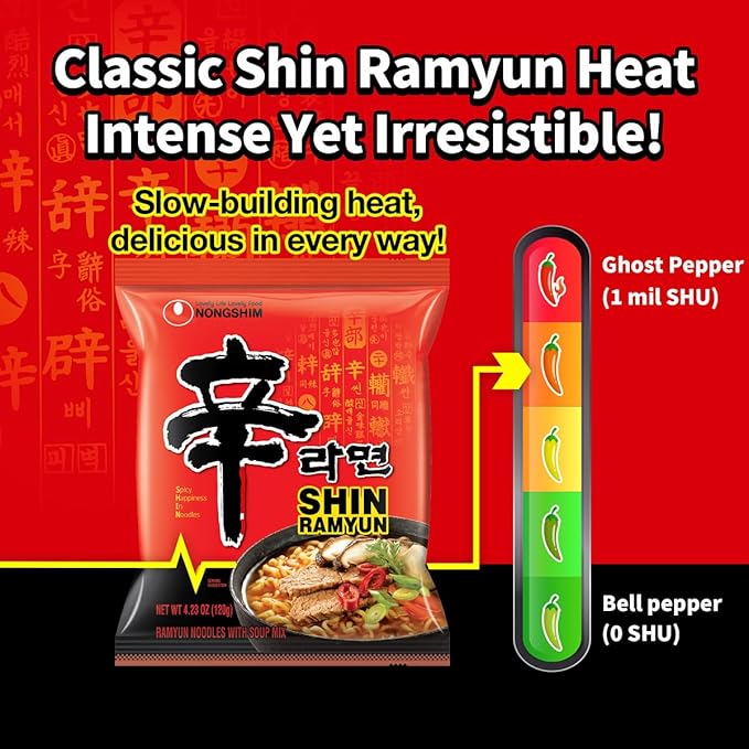 Nongshim Shin Ramyun Noodles, Spicy Korean Signature Instant Ramyun, Rich Beef Flavored Broth, Microwaveable, Korean Instant Noodles, 4.23 oz (Pack of 20), Packaging May Vary.