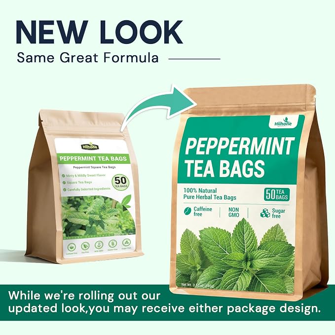 Hiihone Peppermint Tea Bags, Pure Peppermint Leaves, Fresh Minty Herbal Tea, Naturally Caffeine-Free, Non-GMO, Enjoy Hot or Iced, 50 Tea Bags