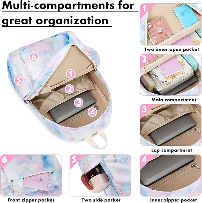 Bluboon Teen Girls School Backpack Kids Bookbag Set with Lunch Box Pencil Case Travel Laptop Backpack Casual Daypacks (Pink Blue Purple Gold Marble 99)