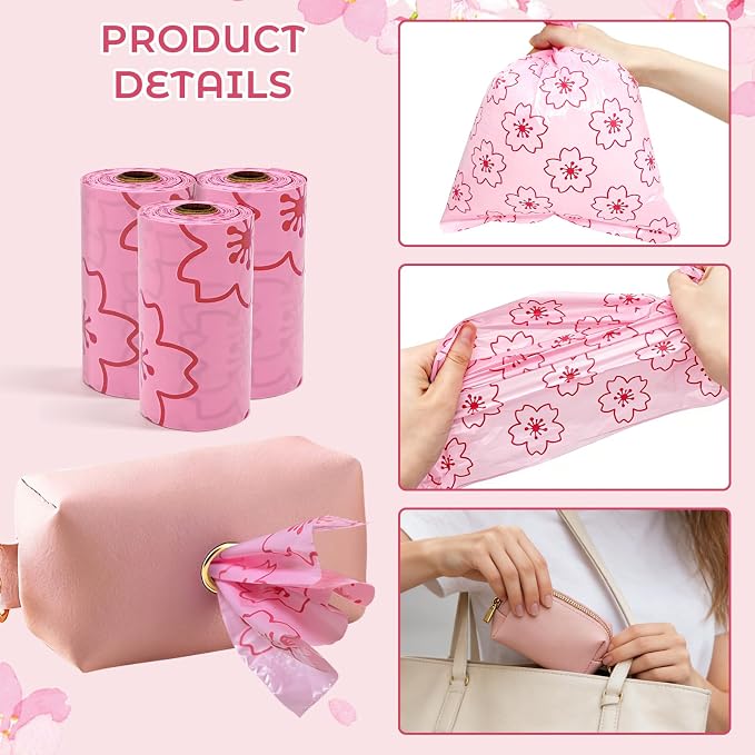 Portable Sanitary Napkin Disposal Bags Cherry Blossom Scented, with Dispenser, 120 pcs Pink Period Disposal Bags discreet period bags Disposable Mini Bags for Women Privacy Handling Bag Diaper Sack