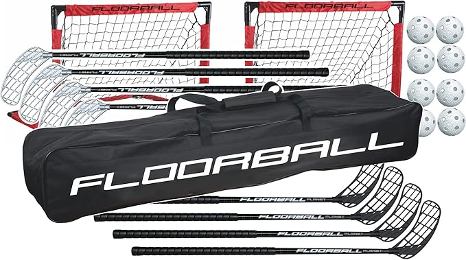 FBP Floorball 4v4 Adult Set, 8 Straight Blade Floorball Sticks in 95 cm Length for high School and Adult Players, 8 Balls, 2 Goals and a Big stickbag