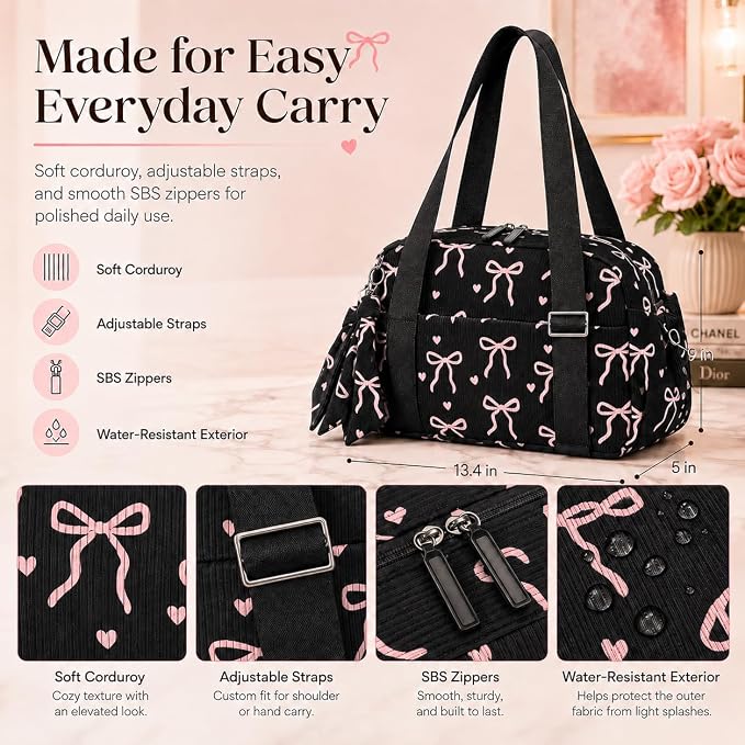 LOIDOU Aesthetic Dance Bag for Girls Corduroy Lightweight Bow Ballet Gymnastic Bag, Small Gym Bag for Women with Wet Dry Pocket, Cute Tote Bag Gifts for Birthday Christmas