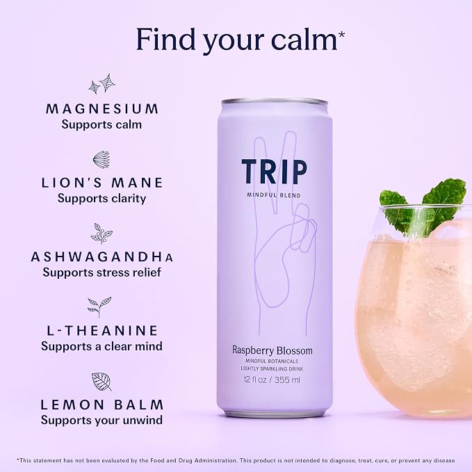 TRIP Lightly Sparkling Adaptogen Drink, Non Alcoholic Drink with Magnesium, Ashwagandha, Lions Mane & L Theanine, No Added Sugar Mocktail, Vegan, Raspberry Blossom, 12 Oz, 12Pk